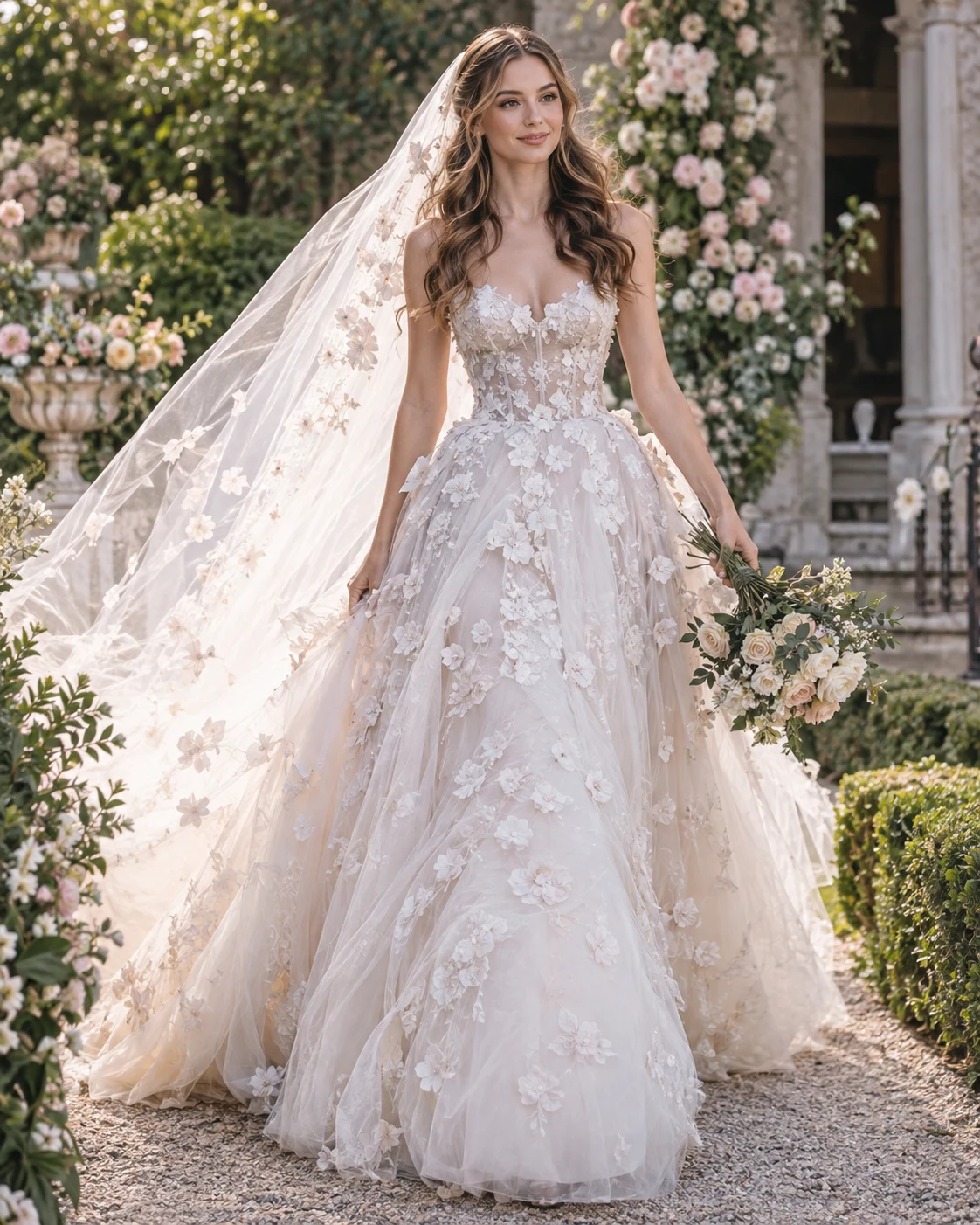 Floral lace bridal silhouette in a garden setting